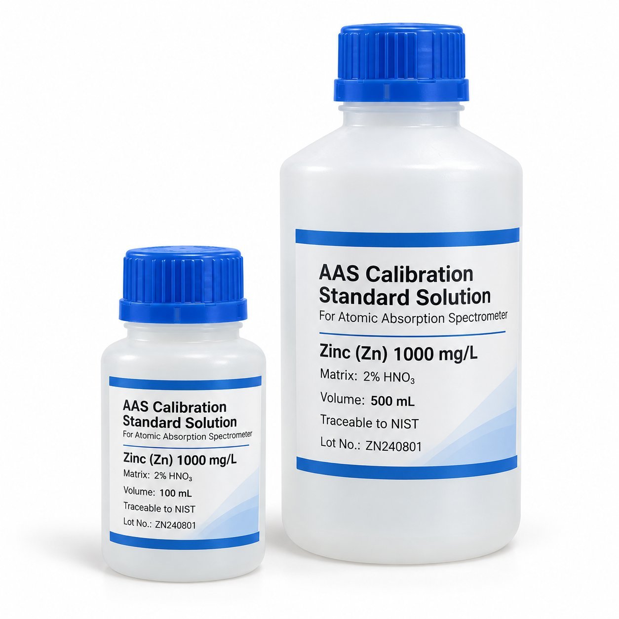 AAS zinc calibration standard solution 1000 mg/L in 2% HNO3 matrix, 100 mL and 500 mL packs