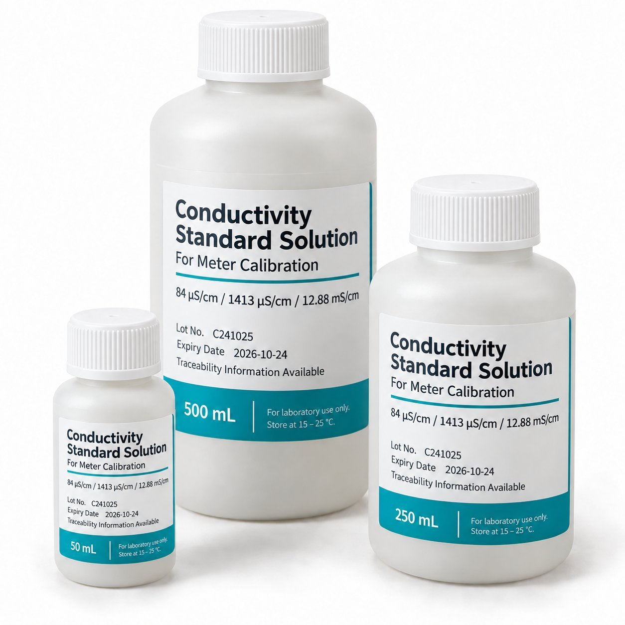 Conductivity standard solutions 84 µS/cm, 1413 µS/cm and 12.88 mS/cm for meter calibration