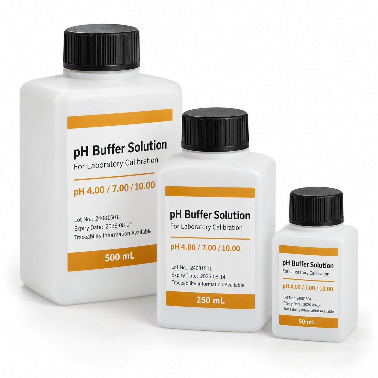 pH buffer solutions 4.00 / 7.00 / 10.00 for laboratory calibration in 50, 250 and 500 mL packs
