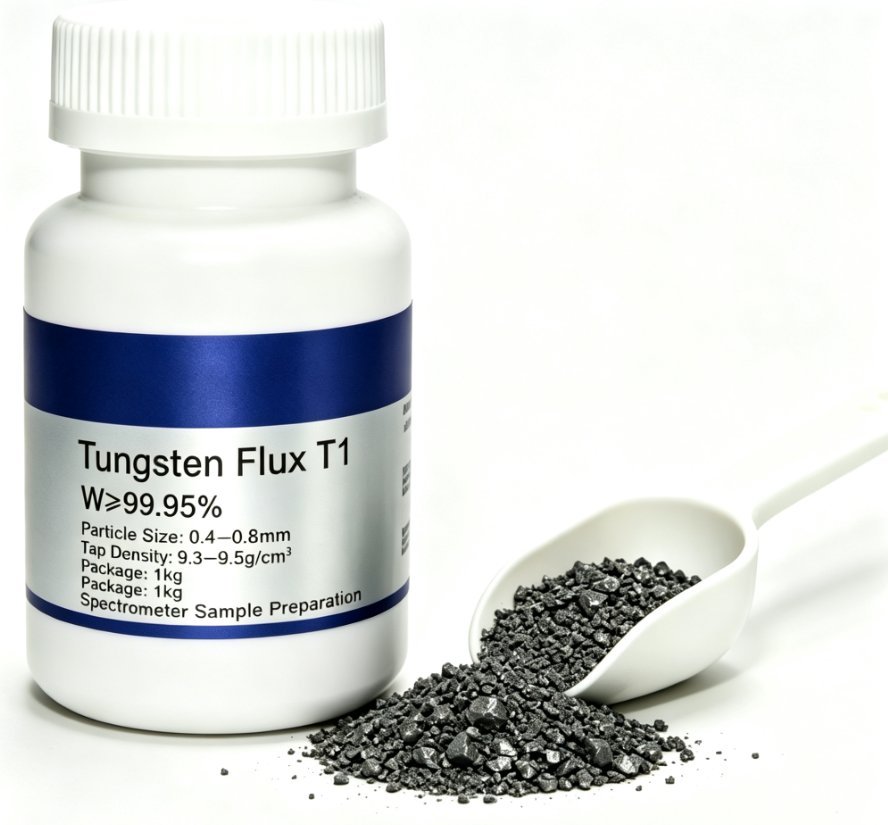 Tungsten accelerator flux T1, W ≥ 99.95%, particle size 0.4–0.8 mm, 1 kg for spectrometer sample preparation